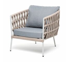 "Диего" кресло плетеное из роупа, каркас алюминий светло-серый (RAL7035) муар, роуп бежевый круглый, ткань светло-серая | Интернет магазин мебели и декора LifeDekor