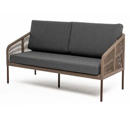 "Канны" диван 2-местный плетеный из роупа, каркас алюминий коричневый (RAL8016) муар, роуп коричневый круглый, ткань темно-серая 027 | Интернет магазин мебели и декора LifeDekor