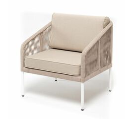 "Канны" кресло плетеное из роупа, каркас алюминий белый, муар, роуп бежевый круглый, ткань бежевая 052 | Интернет магазин мебели и декора LifeDekor