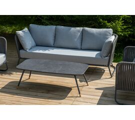 "Багамы" диван 3-местный плетеный из роупа, каркас алюминий темно-серый (RAL7024) муар, роуп серый 15мм, ткань светло-серая | Интернет магазин мебели и декора LifeDekor