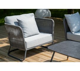 "Багамы" кресло плетеное из роупа, каркас алюминий темно-серый (RAL7024) муар, роуп серый 15мм, ткань светло-серая | Интернет магазин мебели и декора LifeDekor