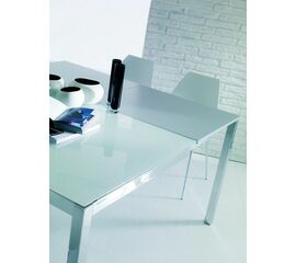 Стол MAGO (01.34) 100/140*70*Н75 см (G093/ G093/ С150 э-бел.глянц.стекло+L072 ал) | Интернет магазин мебели и декора LifeDekor
