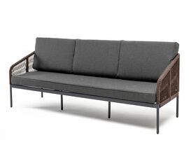 "Канны" диван 3-местный плетеный из роупа, каркас алюминий темно-серый (RAL7024) муар, роуп коричневый круглый, ткань темно-серая 027 | Интернет магазин мебели и декора LifeDekor