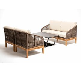 "Канны" диван 2-местный плетеный из роупа, основание дуб, роуп коричневый круглый, ткань темно-серая 027 | Интернет магазин мебели и декора LifeDekor