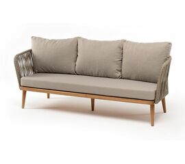 "Мальорка" диван 3-местный плетеный из роупа, основание дуб, роуп серо-коричневый 23мм, ткань бежевая 15052 | Интернет магазин мебели и декора LifeDekor