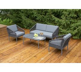 "Канны" лаунж-зона 4-местная из роупа со столиком "Диего" цвета "серый гранит", роуп темно-серый круглый, ткань темно-серая | Интернет магазин мебели и декора LifeDekor