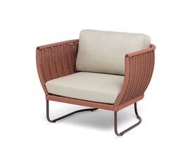 "Фиджи" кресло плетеное из роупа, каркас алюминий коричневый (RAL8016) муар, роуп красный (8372) круглый tex, ткань Mossle бежевая | Интернет магазин мебели и декора LifeDekor