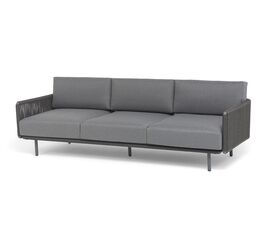 "Джелло" диван 3-местный плетеный из роупа, каркас алюминий темно-серый (RAL7024) муар, роуп темно-серый круглый, ткань темно-серая 027 | Интернет магазин мебели и декора LifeDekor