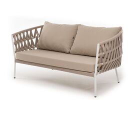 "Диего" диван 2-местный плетеный из роупа, каркас алюминий светло-серый (RAL7035) шагрень, роуп бежевый круглый, ткань бежевая 15052 | Интернет магазин мебели и декора LifeDekor