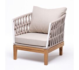 "Диего" кресло плетеное из роупа, основание дуб, каркас алюминий белый шагрень, роуп бежевый круглый, ткань бежевая 15052 | Интернет магазин мебели и декора LifeDekor