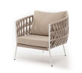 "Диего" кресло плетеное из роупа, каркас алюминий белый муар, роуп бежевый круглый, ткань бежевая 052 | Интернет магазин мебели и декора LifeDekor