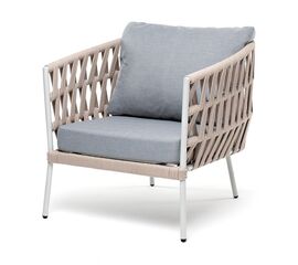 "Диего" кресло плетеное из роупа, каркас алюминий светло-серый (RAL7035) муар, роуп бежевый круглый, ткань светло-серая | Интернет магазин мебели и декора LifeDekor