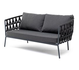 "Диего" диван 2-местный плетеный из роупа, каркас алюминий темно-серый (RAL7024) муар, роуп темно-серый круглый, ткань темно-серая 027 | Интернет магазин мебели и декора LifeDekor