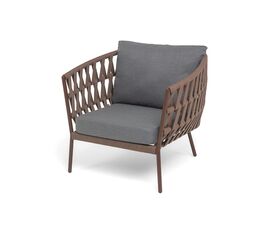 "Диего" кресло плетеное из роупа, каркас алюминий коричневый (RAL8016) муар, роуп коричневый круглый, ткань темно-серая 027 | Интернет магазин мебели и декора LifeDekor