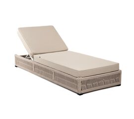 "Ривьера" шезлонг плетеный из роупа, каркас алюминий белый муар, роуп бежевый круглый, ткань бежевая 052 | Интернет магазин мебели и декора LifeDekor