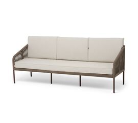"Канны" диван 3-местный плетеный из роупа, каркас алюминий коричневый (RAL8016) муар, роуп коричневый круглый, ткань бежевая 15052 | Интернет магазин мебели и декора LifeDekor
