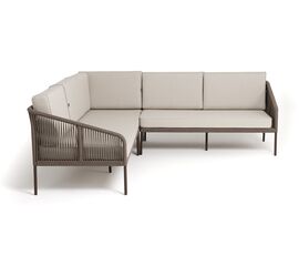 "Канны" диван модульный плетеный из роупа, каркас алюминий коричневый (RAL8016) муар, роуп коричневый круглый, ткань бежевая 15052 | Интернет магазин мебели и декора LifeDekor
