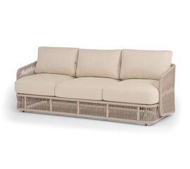 "Альбано" диван 3-местный плетеный из роупа, каркас алюминий светло-серый (RAL7035) муар, роуп бежевый круглый, ткань Mossle светло-бежевая | Интернет магазин мебели и декора LifeDekor