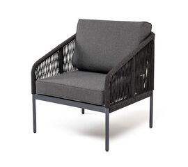 "Канны" кресло плетеное из роупа, каркас алюминий темно-серый (RAL7024) муар, роуп темно-серый круглый, ткань темно-серая 027, высота посадки 45 см | Интернет магазин мебели и декора LifeDekor