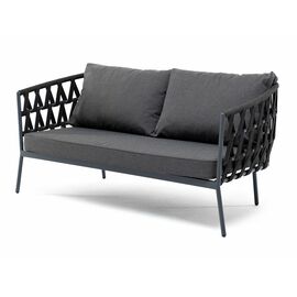 "Диего" диван 2-местный плетеный из роупа, каркас алюминий темно-серый (RAL7024) муар, роуп темно-серый круглый, ткань темно-серая 027 | Интернет магазин мебели и декора LifeDekor