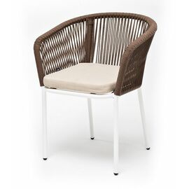 "Марсель" стул плетеный из роупа, каркас алюминий белый муар, роуп коричневый круглый, ткань бежевая 052 | Интернет магазин мебели и декора LifeDekor