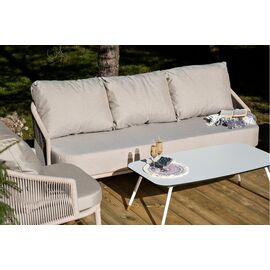 "Верона" диван 3-местный плетеный из роупа, каркас алюминий белый муар, роуп бежевый круглый, ткань бежевая 052 | Интернет магазин мебели и декора LifeDekor