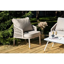 "Верона" кресло плетеное из роупа, каркас алюминий белый муар, роуп бежевый круглый, ткань бежевая 052 | Интернет магазин мебели и декора LifeDekor