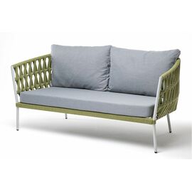 "Диего" диван 2-местный плетеный из роупа, каркас алюминий светло-серый (RAL7035) муар, роуп салатовый меланж круглый, ткань светло-серая | Интернет магазин мебели и декора LifeDekor