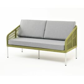 "Канны" диван 2-местный плетеный из роупа, каркас алюминий светло-серый (RAL7035) муар, роуп салатовый меланж круглый, ткань светло-серая | Интернет магазин мебели и декора LifeDekor
