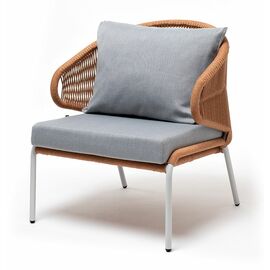 "Милан" кресло плетеное из роупа, каркас алюминий светло-серый (RAL7035) муар, роуп оранжевый меланж круглый, ткань светло-серая | Интернет магазин мебели и декора LifeDekor