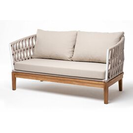 "Диего" диван 2-местный плетеный из роупа, основание дуб, каркас алюминий белый муар, роуп бежевый круглый, ткань бежевая 035 | Интернет магазин мебели и декора LifeDekor