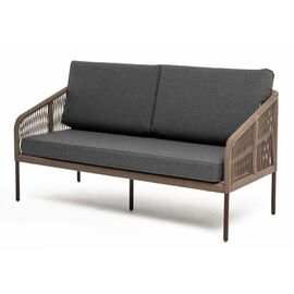 "Канны" диван 2-местный плетеный из роупа, каркас алюминий темно-серый (RAL7024) муар, роуп коричневый круглый, ткань серая 017 | Интернет магазин мебели и декора LifeDekor