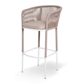 "Марсель" стул барный плетеный из роупа, каркас из стали белый муар, роуп бежевый круглый, ткань бежевая 15052 | Интернет магазин мебели и декора LifeDekor