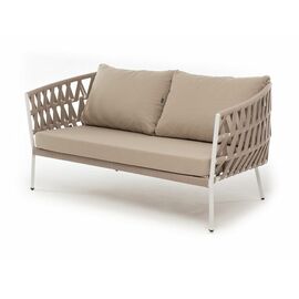 "Диего" диван 2-местный плетеный из роупа, каркас алюминий белый муар, роуп бежевый круглый, ткань бежевая 052 | Интернет магазин мебели и декора LifeDekor