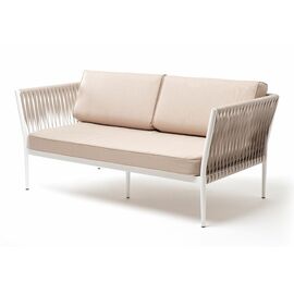 "Касабланка" диван 2-местный плетеный из роупа, каркас алюминий светло-серый (RAL7035) муар, роуп серо-коричневый 23мм, ткань бежевая 052 | Интернет магазин мебели и декора LifeDekor