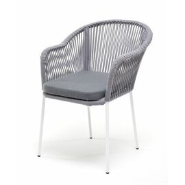 "Лион" стул плетеный из роупа, каркас из стали белый муар, роуп светло-серый круглый, ткань светло-серая | Интернет магазин мебели и декора LifeDekor