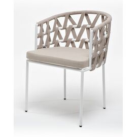 "Диего" стул плетеный из роупа, каркас из стали белый муар, роуп бежевый круглый, ткань бежевая 052 | Интернет магазин мебели и декора LifeDekor