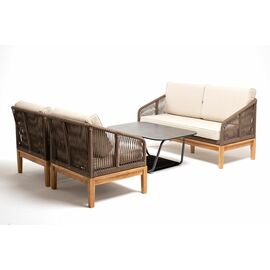 "Канны" диван 2-местный плетеный из роупа, основание дуб, роуп коричневый круглый, ткань темно-серая 027 | Интернет магазин мебели и декора LifeDekor