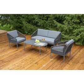 "Канны" лаунж-зона 4-местная из роупа со столиком "Диего" цвета "серый гранит", роуп темно-серый круглый, ткань темно-серая | Интернет магазин мебели и декора LifeDekor