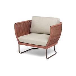 "Фиджи" кресло плетеное из роупа, каркас алюминий коричневый (RAL8016) муар, роуп красный (8372) круглый tex, ткань Mossle бежевая | Интернет магазин мебели и декора LifeDekor