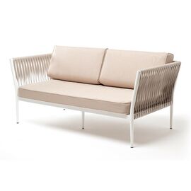 "Касабланка" диван 2-местный плетеный из роупа, каркас алюминий светло-серый (RAL7035) муар, роуп серо-коричневый 23мм, ткань бежевая 15052 | Интернет магазин мебели и декора LifeDekor