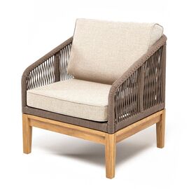 "Канны" кресло плетеное из роупа, основание дуб, роуп коричневый круглый, ткань бежевая 15052 | Интернет магазин мебели и декора LifeDekor