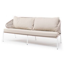 "Милан" диван 3-местный плетеный из роупа, каркас алюминий белый муар, роуп бежевый круглый, ткань бежевая 15052 | Интернет магазин мебели и декора LifeDekor