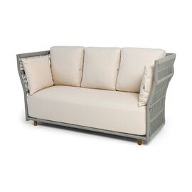 "Лугано" диван 3-местный плетеный из роупа, каркас алюминий светло-серый (RAL7035) муар, роуп серый меланж круглый, ткань Mossle светло-бежевая | Интернет магазин мебели и декора LifeDekor