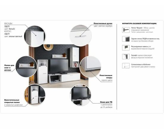 Стенка «Лино», Белый/Ателье светлый, изображение 3 | Интернет магазин мебели и декора LifeDekor