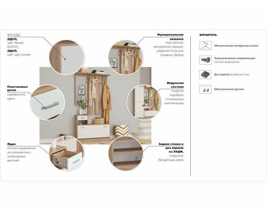 Прихожая «Интер» со шкафом, Дуб сонома/белый, изображение 15 | Интернет магазин мебели и декора LifeDekor