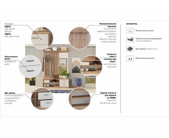 Прихожая «Диоген», Дуб сонома/белый, изображение 5 | Интернет магазин мебели и декора LifeDekor