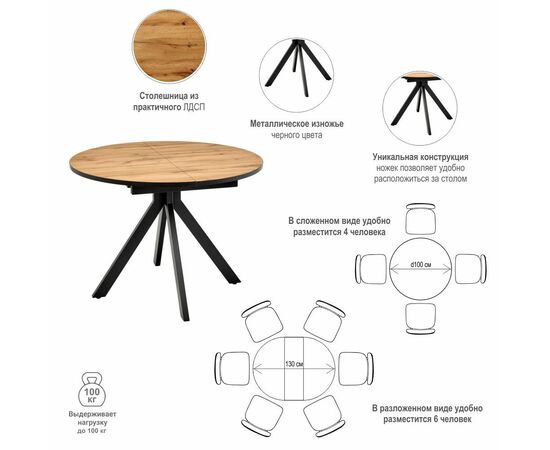 Стол Rudolf круглый раскладной 100-130x100x75см, Дуб Вотан, чёрный, изображение 15 | Интернет магазин мебели и декора LifeDekor