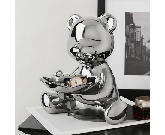 Статуэтка Медведь с подносом IST-067, 21х24 см, серебро, изображение 2 | Интернет магазин мебели и декора LifeDekor