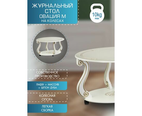 Стол журнальный Овация (М) на колесах слоновая кость/золото, изображение 4 | Интернет магазин мебели и декора LifeDekor